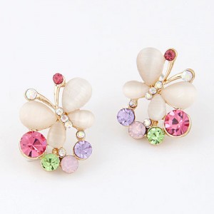 Fashionable Colorful Rhinestone Decorated Opal Butterfly Earrings