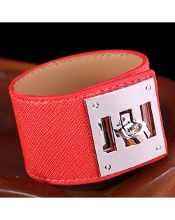 Bold Punk Style Alloy Decoration Design Wide Leather Bracelet - Red