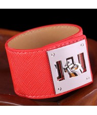 Bold Punk Style Alloy Decoration Design Wide Leather Bracelet - Red