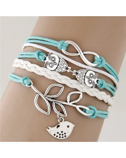Night Owls and Bird Pendants Multi-layer Handmade Weaving Rope Bracelet - Green