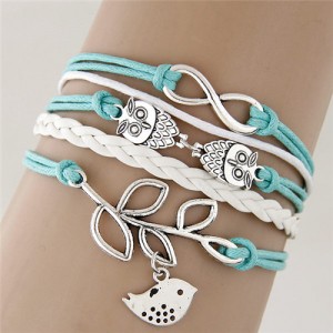 Night Owls and Bird Pendants Multi-layer Handmade Weaving Rope Bracelet - Green