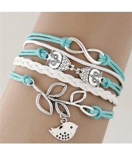 Night Owls and Bird Pendants Multi-layer Handmade Weaving Rope Bracelet - Green