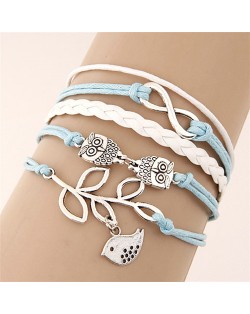 Night Owls and Bird Pendants Multi-layer Handmade Weaving Rope Bracelet - Sky Blue