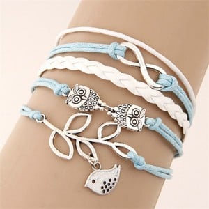 Night Owls and Bird Pendants Multi-layer Handmade Weaving Rope Bracelet - Sky Blue