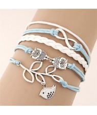 Night Owls and Bird Pendants Multi-layer Handmade Weaving Rope Bracelet - Sky Blue