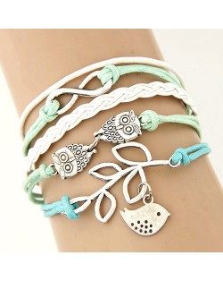 Night Owls and Bird Pendants Multi-layer Handmade Weaving Rope Bracelet - Blue and Green