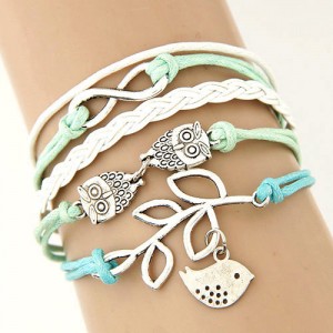 Night Owls and Bird Pendants Multi-layer Handmade Weaving Rope Bracelet - Blue and Green