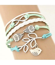Night Owls and Bird Pendants Multi-layer Handmade Weaving Rope Bracelet - Blue and Green