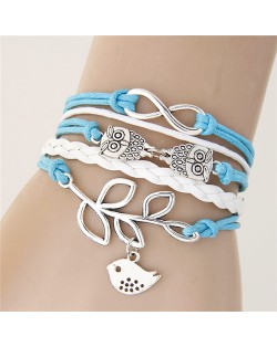 Night Owls and Bird Pendants Multi-layer Handmade Weaving Rope Bracelet - Blue