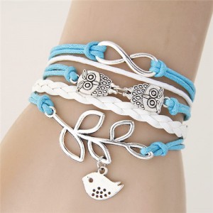 Night Owls and Bird Pendants Multi-layer Handmade Weaving Rope Bracelet - Blue