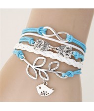 Night Owls and Bird Pendants Multi-layer Handmade Weaving Rope Bracelet - Blue