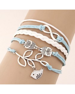 Night Owls and Bird Pendants Multi-layer Handmade Weaving Rope Bracelet - Teal