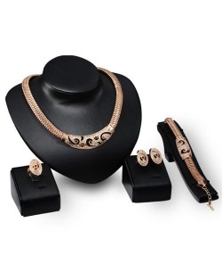 Rhinestone Inlaid Hollow Feather Engraving Gold Plated Chunky Snake Chain Necklace Fashion 4pcs Jewelry Set