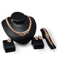 Rhinestone Inlaid Hollow Feather Engraving Gold Plated Chunky Snake Chain Necklace Fashion 4pcs Jewelry Set