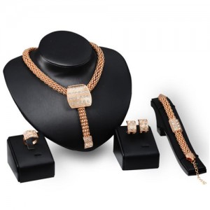 Rhinestone Embellished Square Fashion Chunky Style 4pcs Golden Jewelry Set
