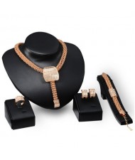 Rhinestone Embellished Square Fashion Chunky Style 4pcs Golden Jewelry Set