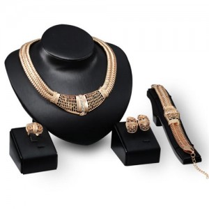Shining Rhinestones Embellished Hollow Chunky Snake Chain Wedding Party 4pcs Golden Jewelry Set