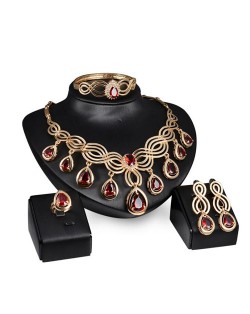 Red Gems Inlaid Graceful Floral Pattern Design Gold Plated 4pcs Fashion Jewelry Set