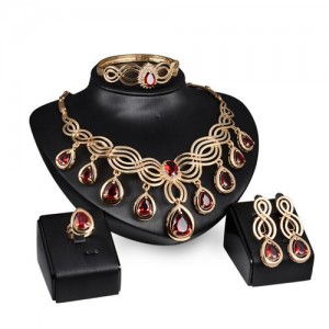 Red Gems Inlaid Graceful Floral Pattern Design Gold Plated 4pcs Fashion Jewelry Set