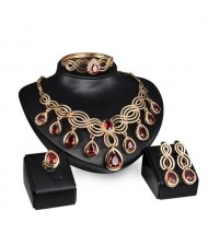 Red Gems Inlaid Graceful Floral Pattern Design Gold Plated 4pcs Fashion Jewelry Set