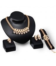 Rhinestone Inlaid Hollow Waterdrops Design Chunky Chain Gold Plated 4pcs Fashion Jewelry Set