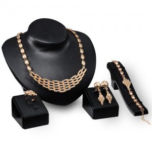 Rhinestone Embellished Hollow Golden Beads and Flower Design 4pcs Fashion Jewelry Set