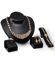 Rhinestone Embellished Hollow Golden Beads and Flower Design 4pcs Fashion Jewelry Set