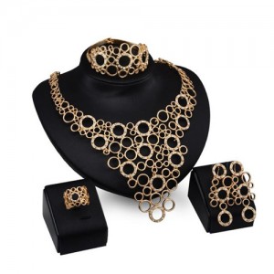 High Fashion Rhinestone Embellished Hollow Rounds Design 4pcs Golden Jewelry Set