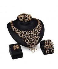High Fashion Rhinestone Embellished Hollow Rounds Design 4pcs Golden Jewelry Set