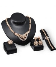 Rhinestone Embellished Floral Pattern Joints Chain Design 4pcs Golden Fashion Jewelry Set