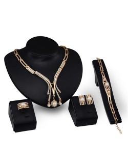 Pearl and Rhinestone Embellished Graceful Hollow Design Wedding Party 4pcs Golden Fashion Jewelry Set