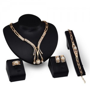 Pearl and Rhinestone Embellished Graceful Hollow Design Wedding Party 4pcs Golden Fashion Jewelry Set