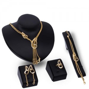 Angel Tears Dual Chunky Chain Wedding Party 4pcs Golden Fashion Jewelry Set