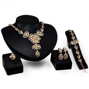 Feather Combined Flowers Design Wedding Party 4pcs Golden Fashion Jewelry Set