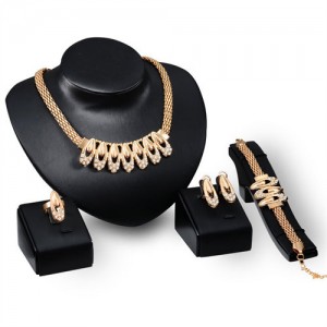 Rhinestone Embellished Hollow Squares Combo Design 4pcs Golden Fashion Jewelry Set
