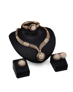 Rhinestone Flower Embellished Hollow Propitious Cloud Design 4pcs Golden Fashion Jewelry Set