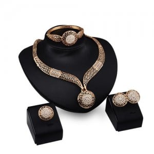 Rhinestone Flower Embellished Hollow Propitious Cloud Design 4pcs Golden Fashion Jewelry Set