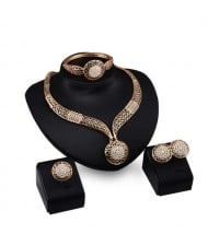 Rhinestone Flower Embellished Hollow Propitious Cloud Design 4pcs Golden Fashion Jewelry Set