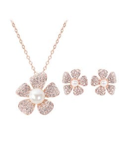 Rhinestone and Pearl Inlaid Plum Blossom 2pcs Rose Gold Fashion Jewelry Set