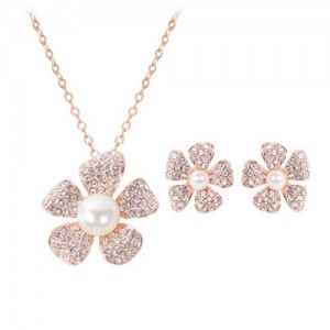 Rhinestone and Pearl Inlaid Plum Blossom 2pcs Rose Gold Fashion Jewelry Set