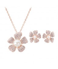 Rhinestone and Pearl Inlaid Plum Blossom 2pcs Rose Gold Fashion Jewelry Set