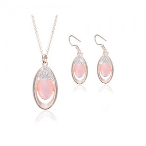 Rhinestone and Opal Inlaid Shinining Waterdrop Design 2pcs Rose Gold Fashion Jewelry Set