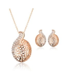 Rhinestone Inlaid Hearts Mingled Hollow Design 2pcs Rose Gold Wedding Fashion Jewelry Set