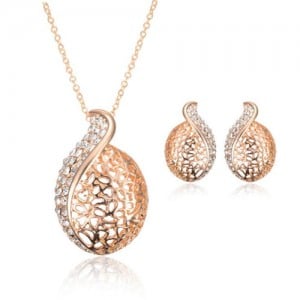 Rhinestone Inlaid Hearts Mingled Hollow Design 2pcs Rose Gold Wedding Fashion Jewelry Set