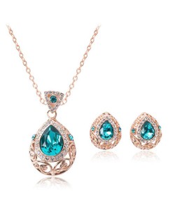 Rhinestone Inlaid Hollow Floral Waterdrop Design 2pcs Rose Gold Fashion Jewelry Set