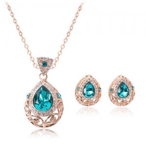 Rhinestone Inlaid Hollow Floral Waterdrop Design 2pcs Rose Gold Fashion Jewelry Set