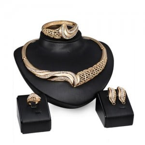 Rhinestone Embellished Luxurious Half Hollow Design Wedding Party 4pcs Fashion Jewelry Set