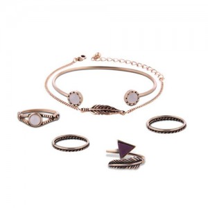 Feather Theme Rings Combo with Bracelets 6pcs High Fashion Jewelry Set