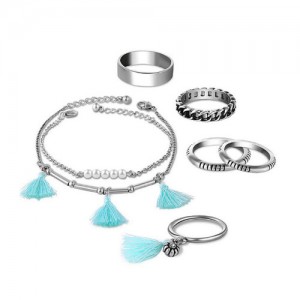 Threads Tassel Rings and Bracelets Combo 7pcs High Fashion Jewelry Set