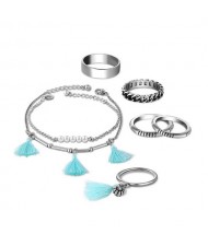 Threads Tassel Rings and Bracelets Combo 7pcs High Fashion Jewelry Set